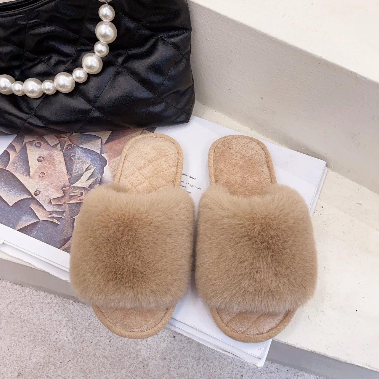 Autumn Winter Women's Cotton Slippers Open Toe Home Warm One Word Furry Slippers Women Floor Plush Warm Shoes