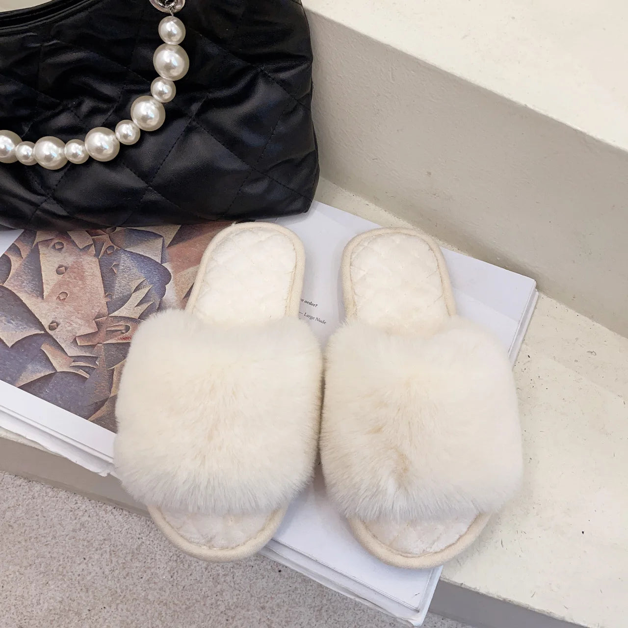 Autumn Winter Women's Cotton Slippers Open Toe Home Warm One Word Furry Slippers Women Floor Plush Warm Shoes