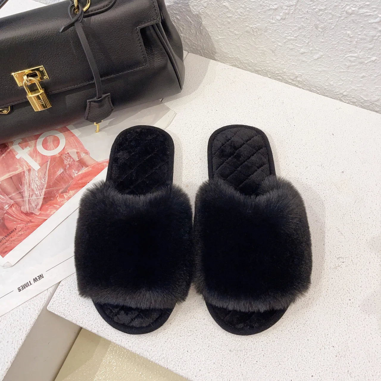 Autumn Winter Women's Cotton Slippers Open Toe Home Warm One Word Furry Slippers Women Floor Plush Warm Shoes