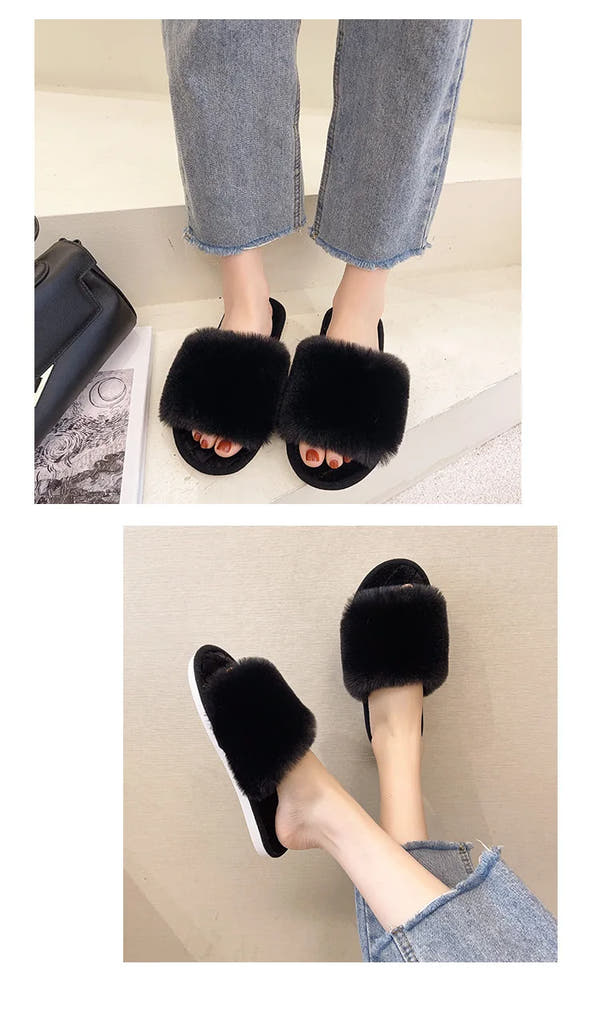 Autumn Winter Women's Cotton Slippers Open Toe Home Warm One Word Furry Slippers Women Floor Plush Warm Shoes