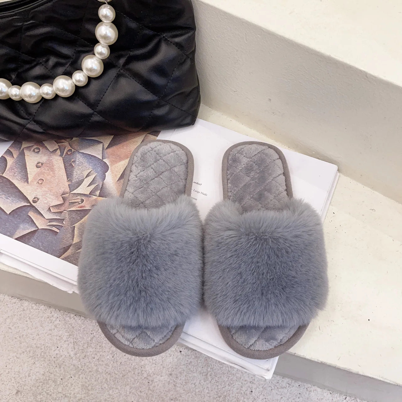 Autumn Winter Women's Cotton Slippers Open Toe Home Warm One Word Furry Slippers Women Floor Plush Warm Shoes