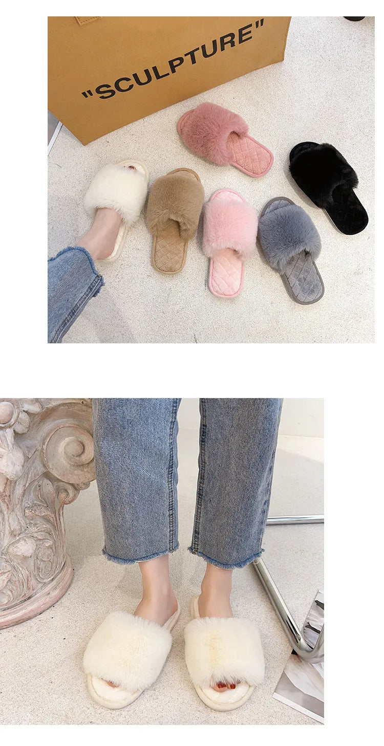 Autumn Winter Women's Cotton Slippers Open Toe Home Warm One Word Furry Slippers Women Floor Plush Warm Shoes