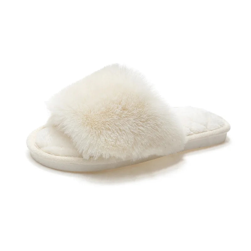 Autumn Winter Women's Cotton Slippers Open Toe Home Warm One Word Furry Slippers Women Floor Plush Warm Shoes