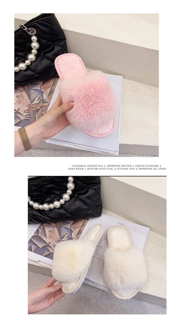 Autumn Winter Women's Cotton Slippers Open Toe Home Warm One Word Furry Slippers Women Floor Plush Warm Shoes