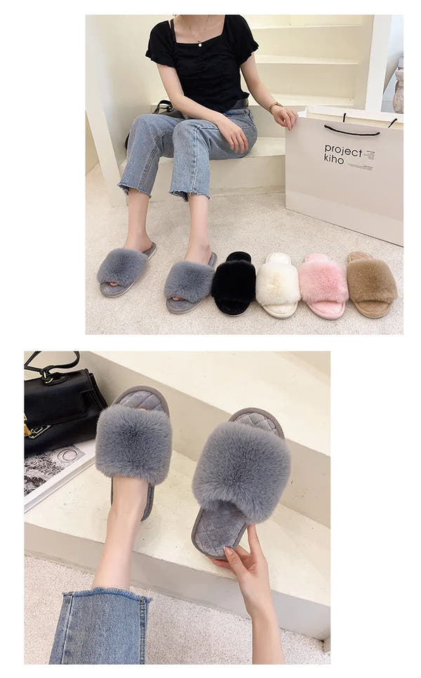 Autumn Winter Women's Cotton Slippers Open Toe Home Warm One Word Furry Slippers Women Floor Plush Warm Shoes