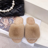 Autumn Winter Women's Cotton Slippers Open Toe Home Warm One Word Furry Slippers Women Floor Plush Warm Shoes
