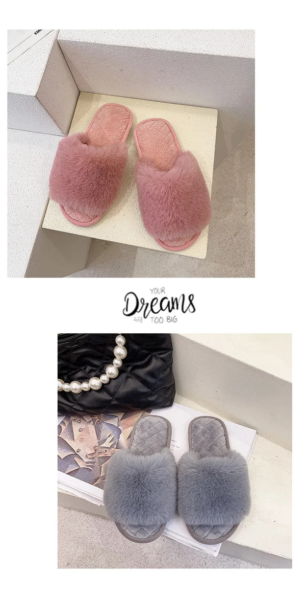 Autumn Winter Women's Cotton Slippers Open Toe Home Warm One Word Furry Slippers Women Floor Plush Warm Shoes