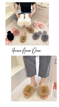 Autumn Winter Women's Cotton Slippers Open Toe Home Warm One Word Furry Slippers Women Floor Plush Warm Shoes