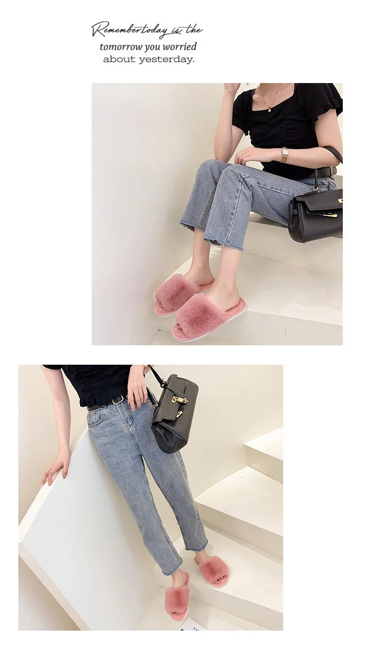 Autumn Winter Women's Cotton Slippers Open Toe Home Warm One Word Furry Slippers Women Floor Plush Warm Shoes