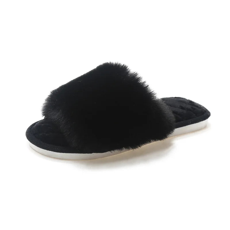 Autumn Winter Women's Cotton Slippers Open Toe Home Warm One Word Furry Slippers Women Floor Plush Warm Shoes