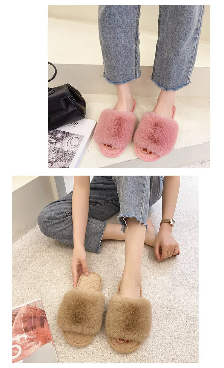 Autumn Winter Women's Cotton Slippers Open Toe Home Warm One Word Furry Slippers Women Floor Plush Warm Shoes