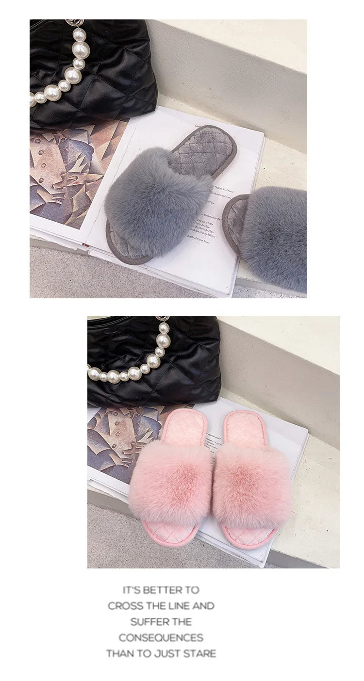 Autumn Winter Women's Cotton Slippers Open Toe Home Warm One Word Furry Slippers Women Floor Plush Warm Shoes