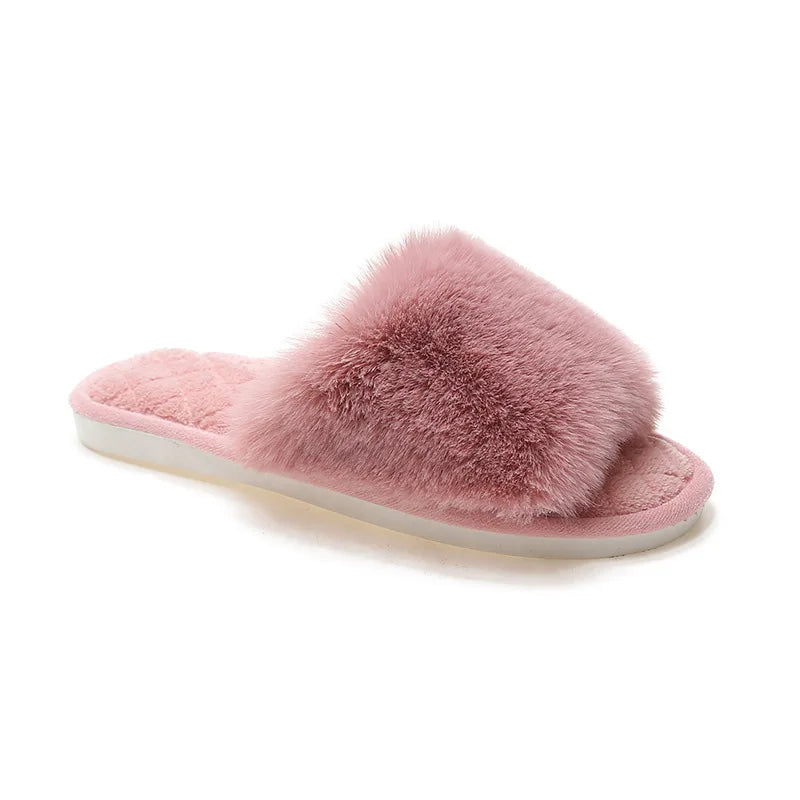 Autumn Winter Women's Cotton Slippers Open Toe Home Warm One Word Furry Slippers Women Floor Plush Warm Shoes