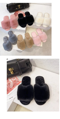 Autumn Winter Women's Cotton Slippers Open Toe Home Warm One Word Furry Slippers Women Floor Plush Warm Shoes