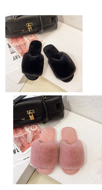 Autumn Winter Women's Cotton Slippers Open Toe Home Warm One Word Furry Slippers Women Floor Plush Warm Shoes