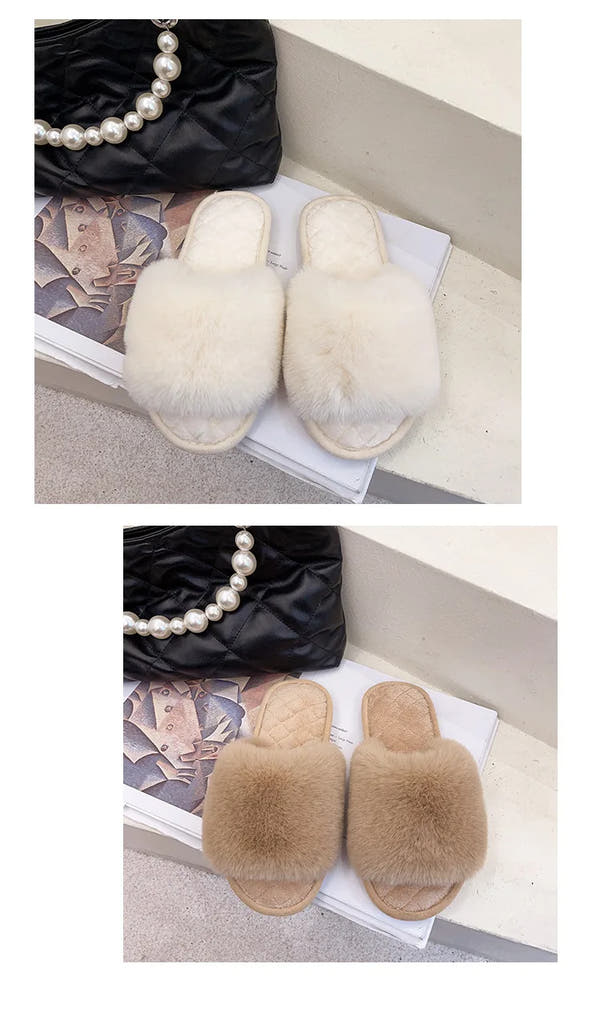 Autumn Winter Women's Cotton Slippers Open Toe Home Warm One Word Furry Slippers Women Floor Plush Warm Shoes