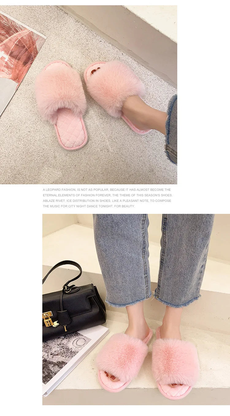 Autumn Winter Women's Cotton Slippers Open Toe Home Warm One Word Furry Slippers Women Floor Plush Warm Shoes