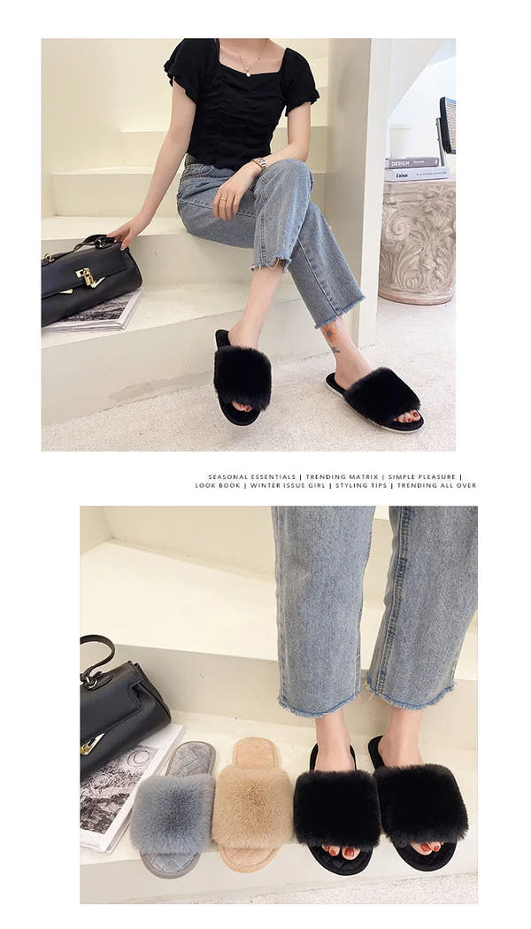 Autumn Winter Women's Cotton Slippers Open Toe Home Warm One Word Furry Slippers Women Floor Plush Warm Shoes