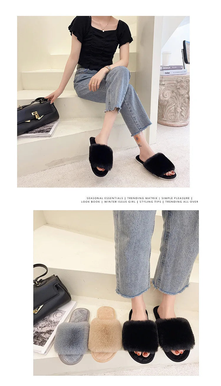 Autumn Winter Women's Cotton Slippers Open Toe Home Warm One Word Furry Slippers Women Floor Plush Warm Shoes
