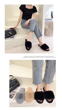 Autumn Winter Women's Cotton Slippers Open Toe Home Warm One Word Furry Slippers Women Floor Plush Warm Shoes