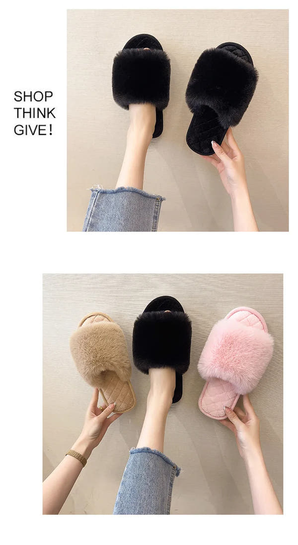 Autumn Winter Women's Cotton Slippers Open Toe Home Warm One Word Furry Slippers Women Floor Plush Warm Shoes