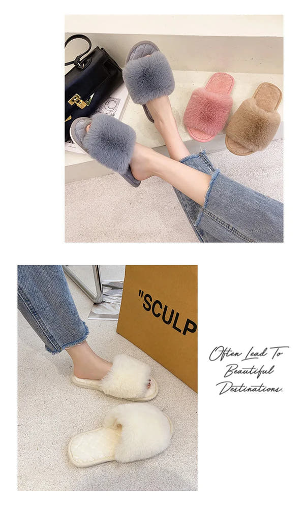 Autumn Winter Women's Cotton Slippers Open Toe Home Warm One Word Furry Slippers Women Floor Plush Warm Shoes