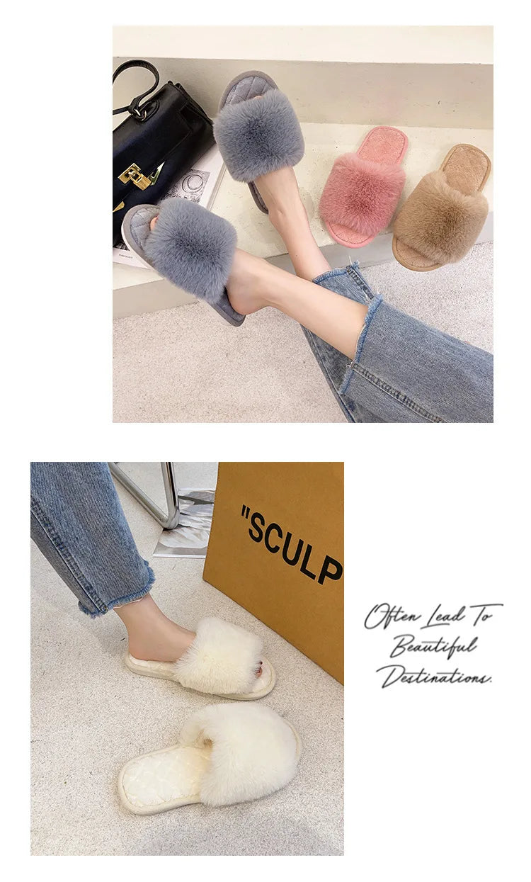 Autumn Winter Women's Cotton Slippers Open Toe Home Warm One Word Furry Slippers Women Floor Plush Warm Shoes