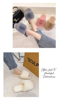 Autumn Winter Women's Cotton Slippers Open Toe Home Warm One Word Furry Slippers Women Floor Plush Warm Shoes