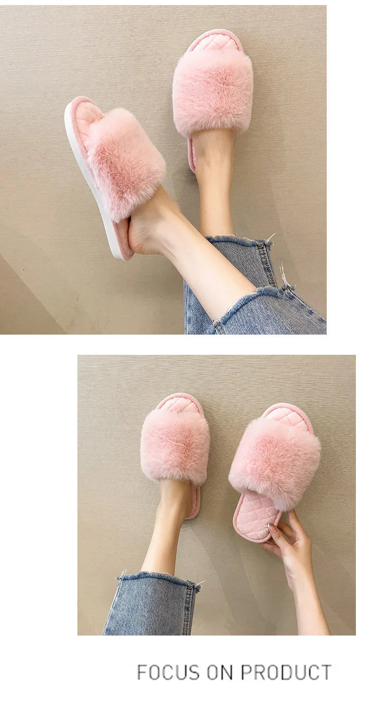 Autumn Winter Women's Cotton Slippers Open Toe Home Warm One Word Furry Slippers Women Floor Plush Warm Shoes