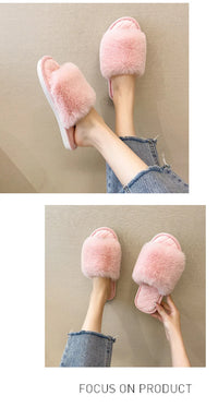 Autumn Winter Women's Cotton Slippers Open Toe Home Warm One Word Furry Slippers Women Floor Plush Warm Shoes