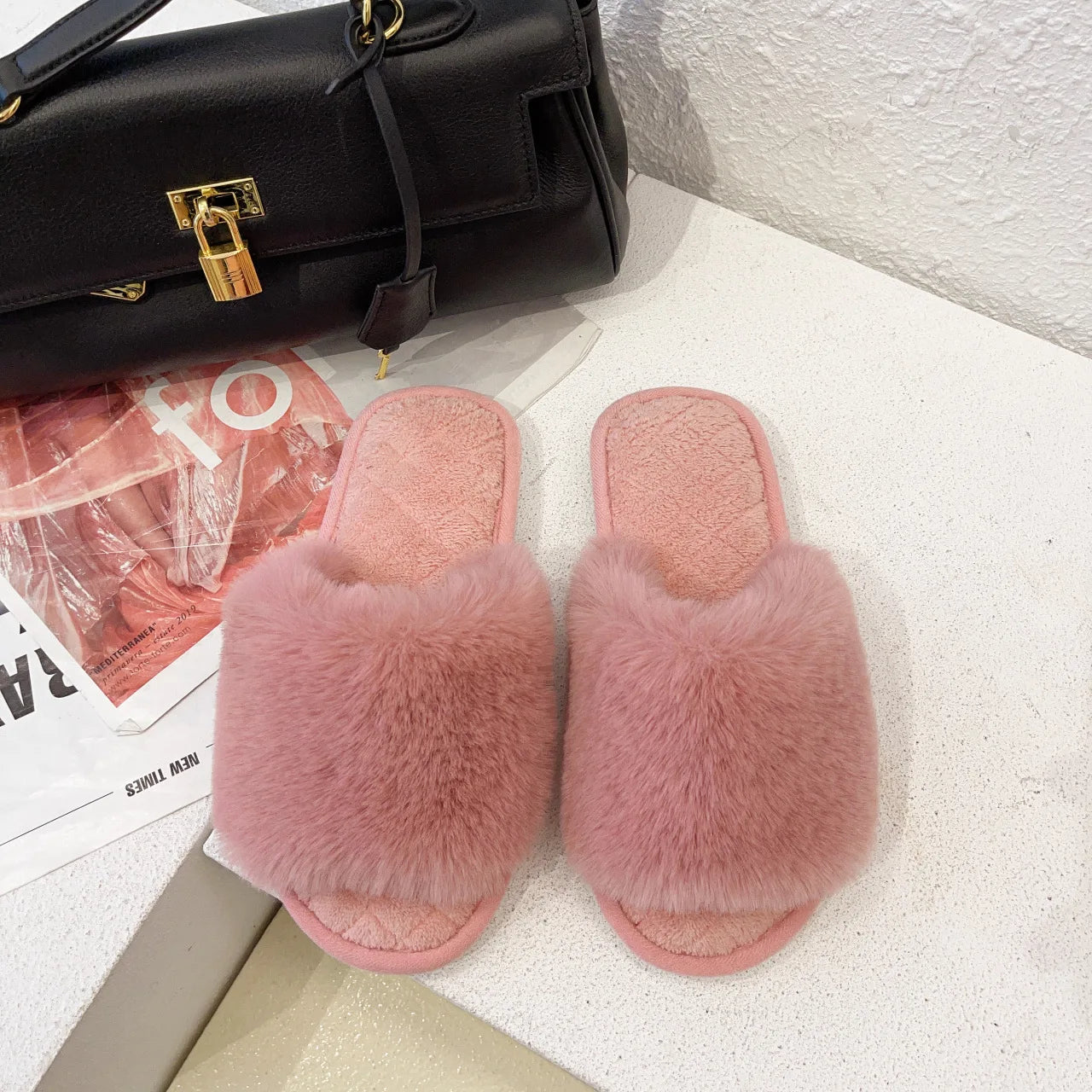 Autumn Winter Women's Cotton Slippers Open Toe Home Warm One Word Furry Slippers Women Floor Plush Warm Shoes