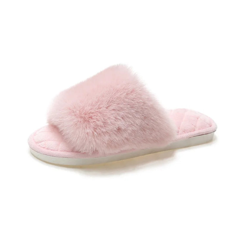 Autumn Winter Women's Cotton Slippers Open Toe Home Warm One Word Furry Slippers Women Floor Plush Warm Shoes